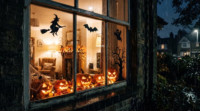 Halloween house window decorated with glowing jack-o-lanterns and spooky silhouettes at night