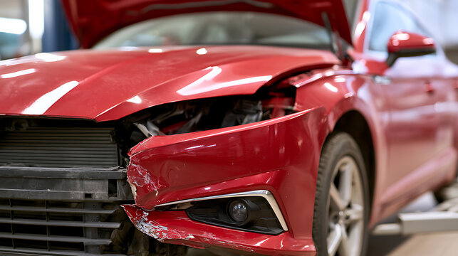 Red car with severe front end collision damage in auto repair shop, smashed headlight and crushed bumper waiting for professional service