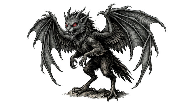 Fearsome winged demon monster isolated on transparent background