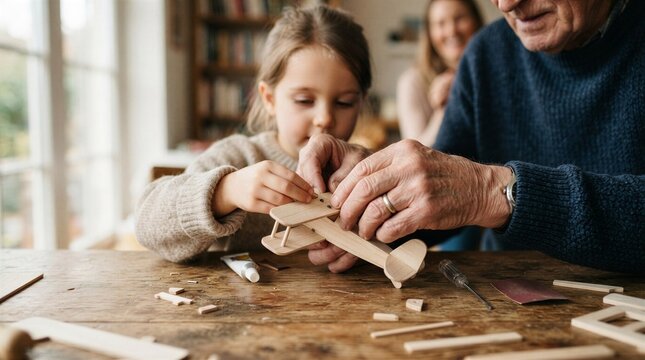 An Engaging Scene Of A Grandfather And Granddaughter Building A Toy Plane Together.