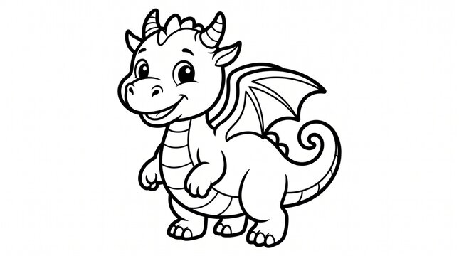 Cute baby dragon coloring page, friendly mythical creature line art, cartoon dragon outline for kids activity book