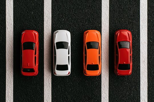 Four miniature cars in a row on a dark surface with white lines