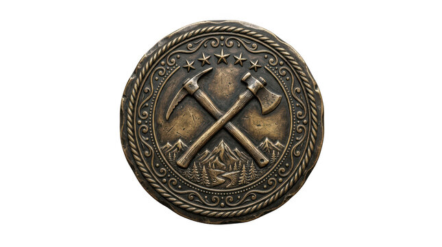 Bronze circular emblem with crossed pickaxe and axe isolated on transparent background