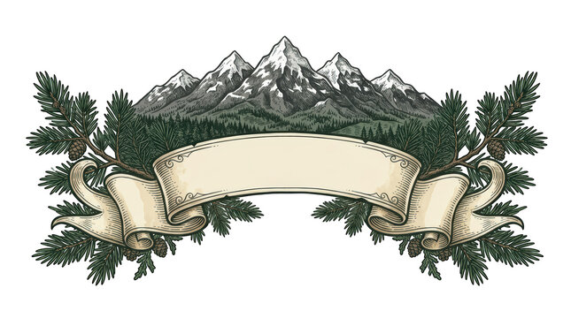 Mountain landscape with pine branches and vintage ribbon banner isolated on transparent background