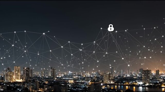 Smart digital city with connection cyber security network reciprocity over the twilight cityscape.future wireless digital city and social media networking systems that connects people within the city