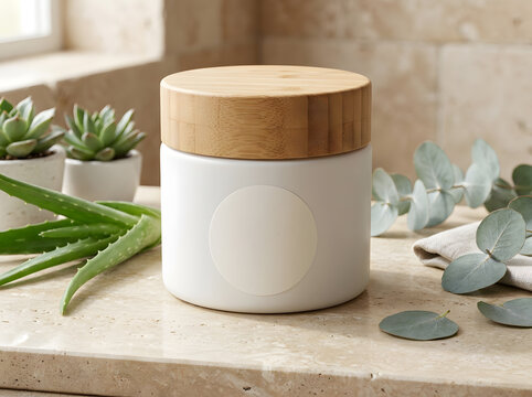 White cosmetic jar with bamboo lid by green succulent plants in modern North America.