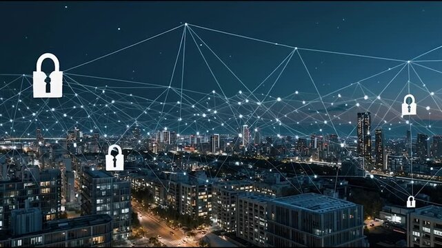 abstract cloud social media innovative cyber security network, using interconnected nodes to represent business partnerships on the Smart digital Innovation city with connection network reciprocity