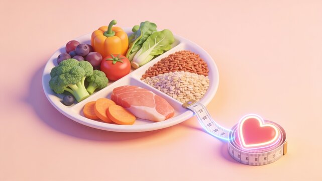 Balanced Diet Meal Plate with Fresh Food, Measuring Tape, and Neon Heart Symbolizing Health and Wellness