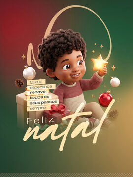 Cart&atilde;o Feliz Natal Menino Estrela Post Card Insta Template Banner