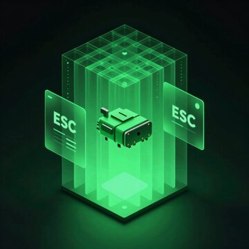 illustration green cube word esc written cube multiple interconnected lines dots creating grid like pattern inside cube small green device which appears device rectangular shape small antenna top