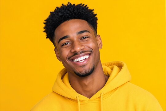 Young man smiling wearing yellow hoodie on yellow backdrop
