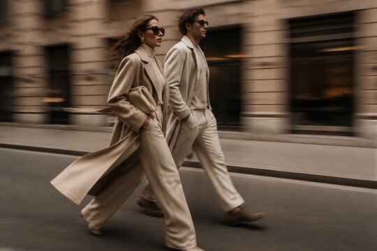 Couple walking briskly in neutral tones on city street