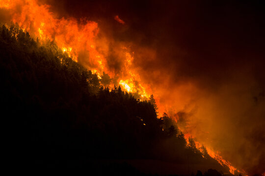 View of a forest fire burning on a hillside at night with bright orange flames consuming trees and thick smoke rising into the dark sky in Omis, Split-Dalmatia County, Croatia.