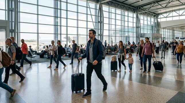 Businessman with rolling suitcase walking through bright modern airport terminal, diverse travelers moving around, large glass windows revealing airplane tarmac outside