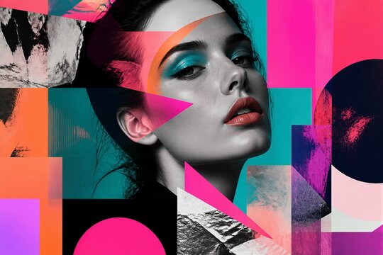 Female face blended with geometric colorful collage artwork