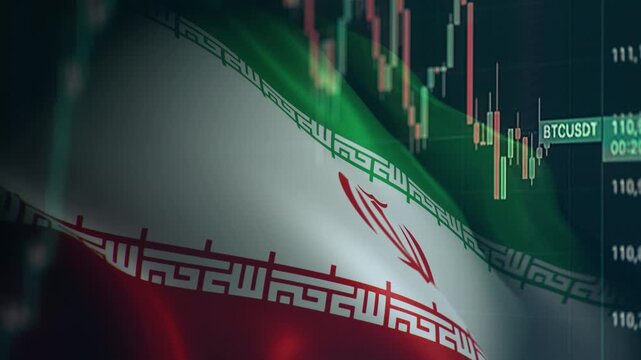 A dynamic timelapse video featuring fast moving stock market candlestick bars blended with a waving Iranian flag, representing Iranian economy, financial markets, and Middle East trading.