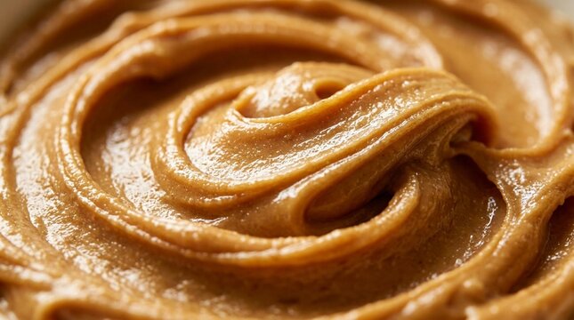 Close up macro shot of creamy swirled peanut butter with golden brown highlights catching light, thick textured ribbons and soft glossy spread surface, delicious food ingredient background detail