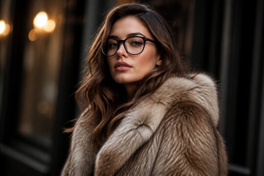 Woman wearing glasses and fur coat on city street portrait