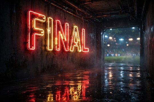 Neon Final sign in a dark rainy stadium tunnel leading to a blurred field, representing championship victory, sports competition, and the culmination of a tournament event