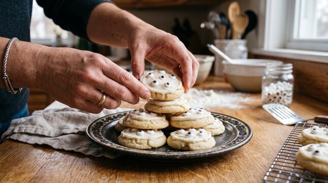 Hands decorating Halloween monster cookies with white frosting and googly eyes on a wooden table