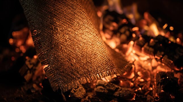 Coated fire-resistant textile fabric glowing softly against warm glowing ember backdrop, close-up detail showing heat resistant material weave texture on charred coal surface