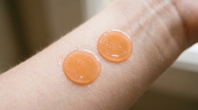 Two round orange hydrogel patches glistening with moisture on smooth pale human skin, soft natural light, closeup skincare and beauty concept
