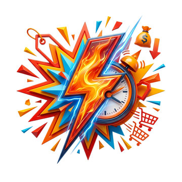 Dynamic lightning bolt with clock and shopping elements on transparent background