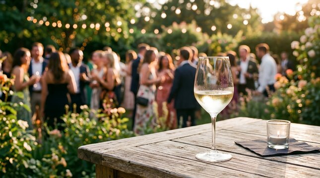 Elegant glass of white wine on rustic wooden cocktail table at outdoor garden party, blurred guests mingling with string lights in golden hour sunlight