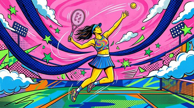 Energetic Female Tennis Player Serving Powerfully On A Colorful Court.