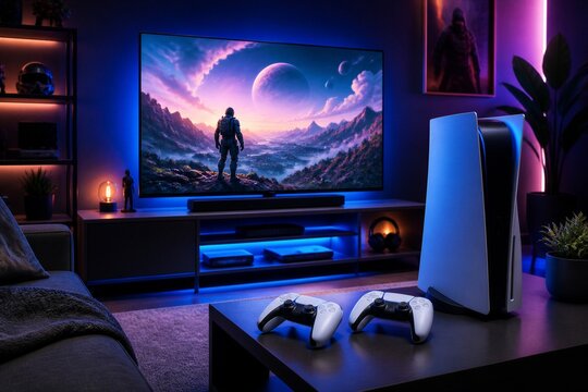 Home console setup with controllers and large screen display
