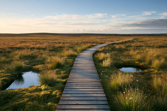 Restored peatland nature reserve with mossy pools, cotton grass and a simple timber walkway. Bright natural daylight and wide open nature background with copy space.
