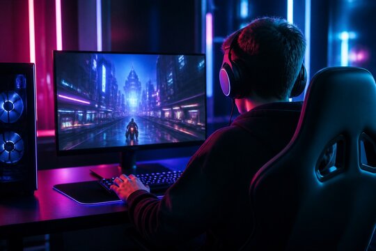 Gamer playing video game at neon lit gaming desk environment