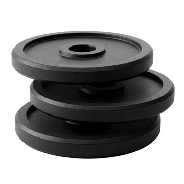 Stack of three matte black weight plates with arranged neatly together on transparent background