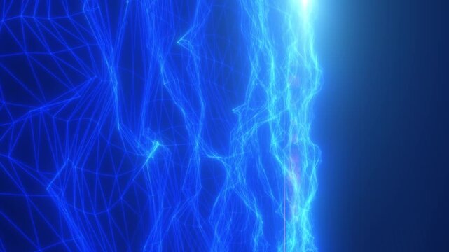 Futuristic blue wireframe landscape with glowing polygonal waves