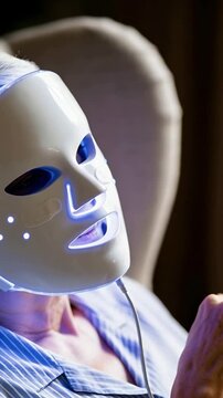 Vertical video: Placing white LED mask onto face senior in blue top tucking strap in chair skincare