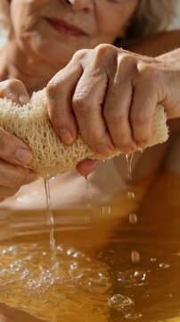 Vertical video: Squeezing grip causing senior woman wringing loofah in bathtub to expel amber water