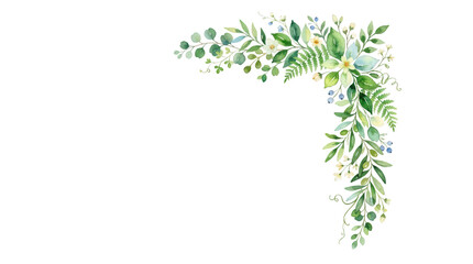 Fototapeta premium Watercolor botanical corner frame with green leaves and flowers isolated on transparent background