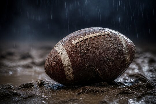 American football soaked and muddy on wet field during rain