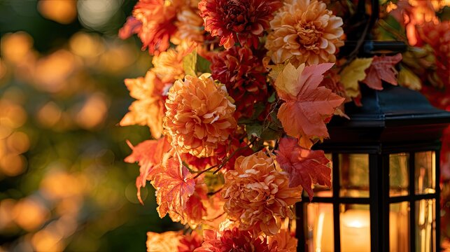 Autumn floral arrangement with warm light on a decorative lantern