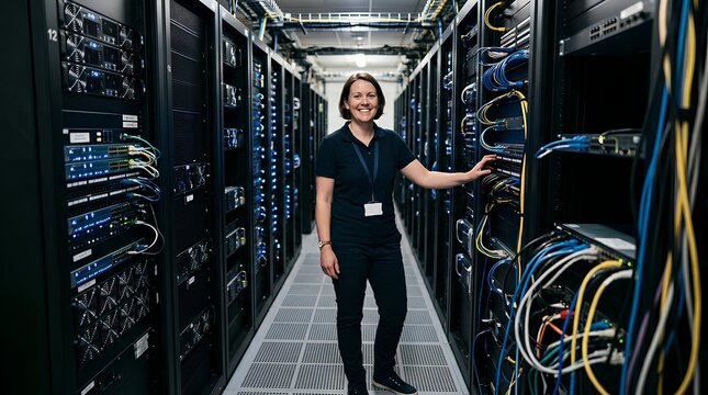 Smiling IT specialist woman standing between rows of rack-mounted servers with blue LED lights in a cool-toned data center, professional technology and networking environment