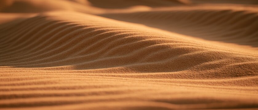Close-up of undulating sand dunes, casting soft shadows under warm light
