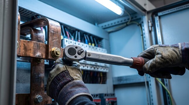 Electrician using torque wrench on copper busbar in cabinet