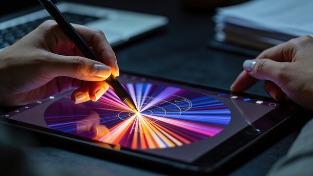 Close-up of designer hands using a digital stylus on a tablet screen to create vibrant radial art, showcasing modern technology and creativity.