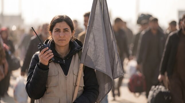 Female aid worker holding walkie talkie and flag
