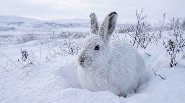 arctic hare sitting in snow winter landscape