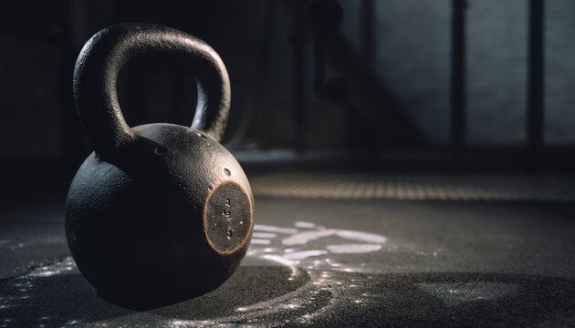 A close-up of a black kettlebell on a gym floor, illuminated by dramatic lighting with chalk dust scattered around.
