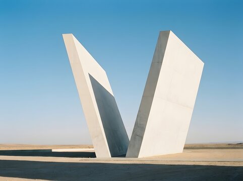 Minimalist concrete monument shaped like a v letter standing in the middle of a vast arid desert landscape under a clear blue sky