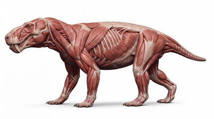 Fototapeta premium Sycosaurus laticeps muscular view, showing the animal's powerful musculature, robust body structure, strong limbs, and detailed anatomical features in a realistic paleontological reconstruction. 