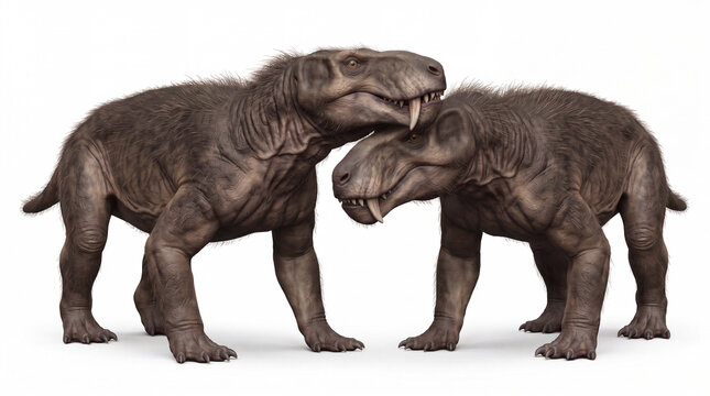 Sycosaurus laticeps pair interacting in a lateral view, showing close social contact and natural behavior between two individuals in a realistic paleontological reconstruction.
