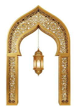 Gilded islamic arch with intricate moorish filigree, polished gold and brass, isolated on a transparent background. a warm fanoos lantern hangs centrally, symbolizing ramadan celebration concept